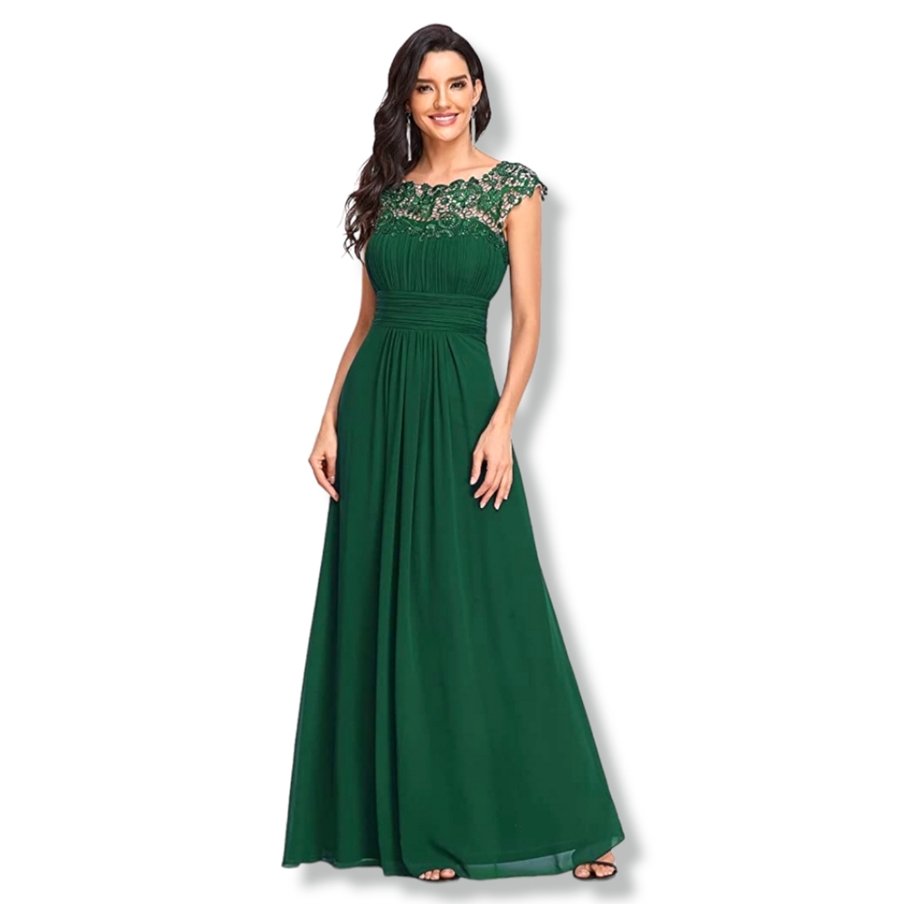 Whimsical Emerald Green Lace Formal Gown Chiffon Ruched Bodice Maxi Dress size 4